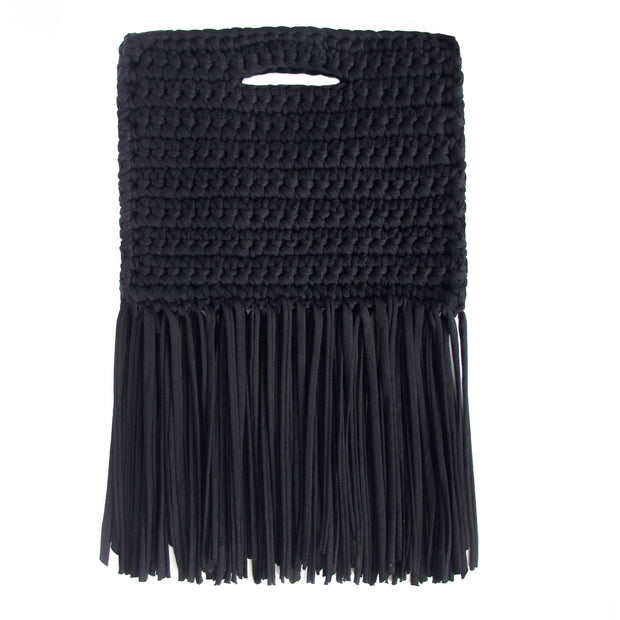 Handcrafted Clutch in Denim with Fringe made from upcycled cotton by Binge Knitting