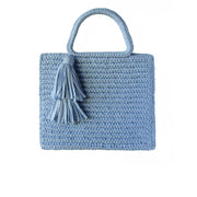 Handcrafted Cotton Tassel Tote bag in Powder Blue by Binge Knitting